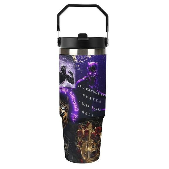 30oz Tumbler with Handle And Flip Straw Lid Black Panther Stainless Steel Bottle Double Wall Insulated Travel Coffee Mug