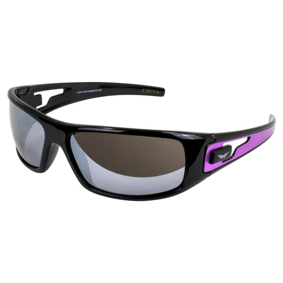 Global Vision Rogue Wraparound Motorcycle Safety Sunglasses for Men or Women Z87.1 Rating Black Frame w/ Purple Accent & Flash Mirror Lens