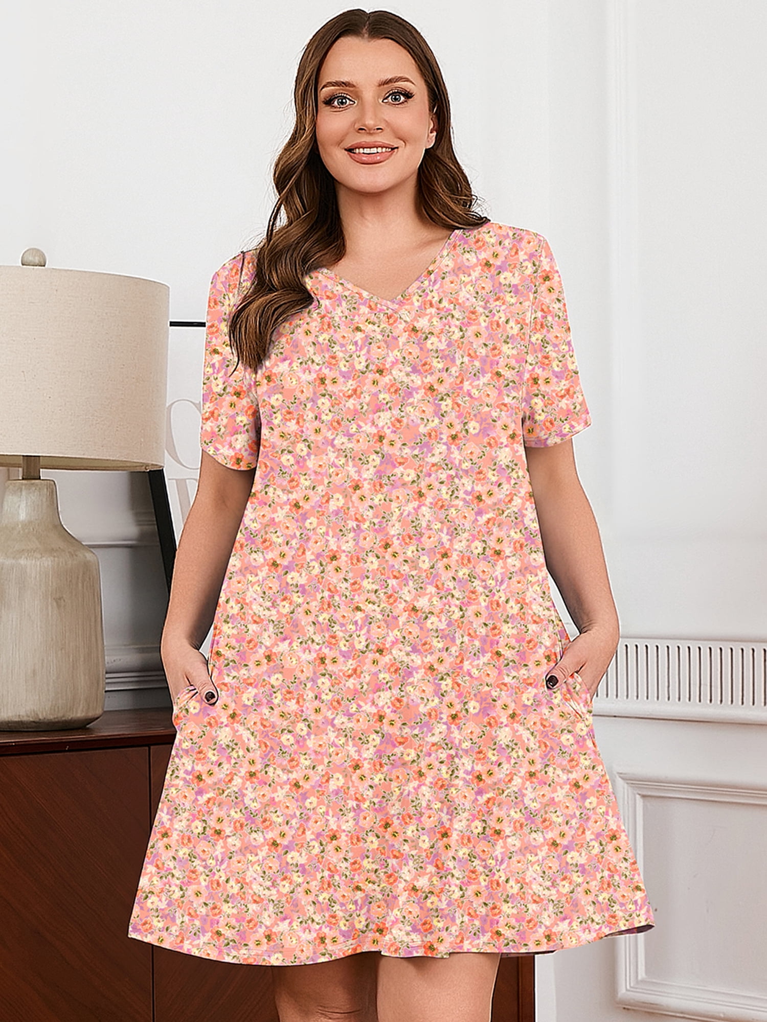 SHOWMALL Nightgowns for Plus Women Soft Short Sleeve Pajama Dress with Pockets for Sleep Night Soft Bloom Pink 3X
