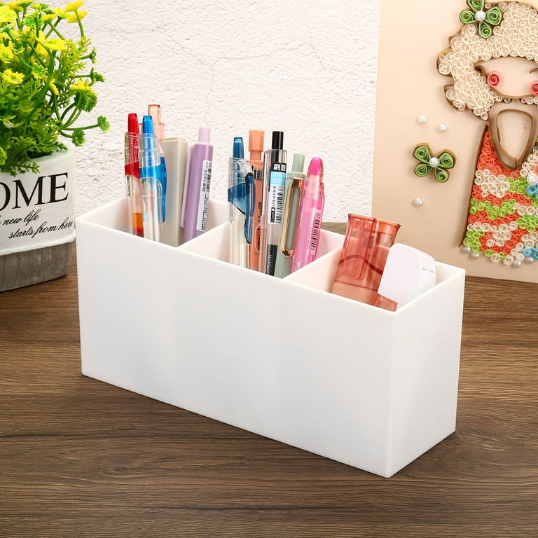 Uxcell 3 Compartments Clear Acrylic Pen Holder Pencil Holder Pen Organizer Pencil Cup Square, White, Size: Small