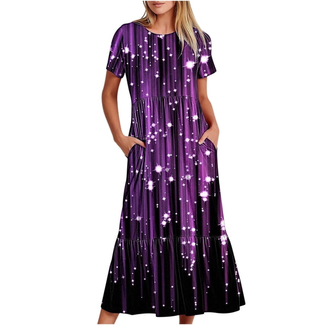 Penkiiy Robe d'Été Décontractée à Manches Courtes pour Femmes avec Imprimé Brillant, Col Rond, Basique, Ample, pour la Plage, Vacances, Violette