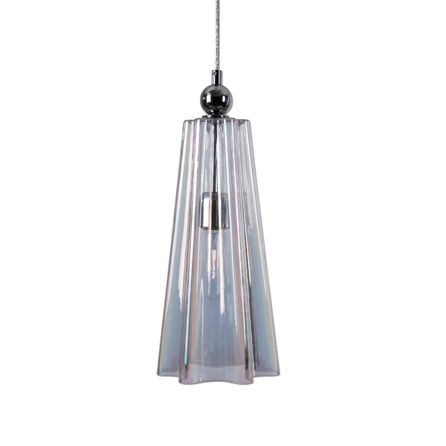 15" Fluted Iridescent Glass Hanging Mini Pendant Light Fixture