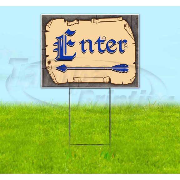Medieval Fair Enter Left Arrow Blue Scroll (18" X 24") Yard Sign, Includes Metal Step Stake