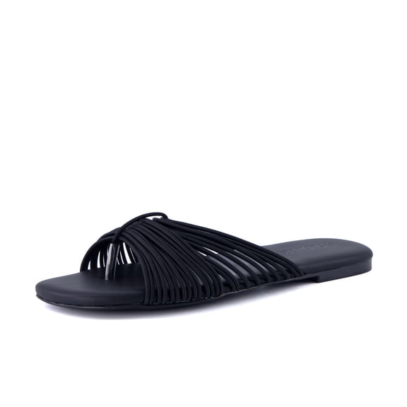 Cushionaire Lanky Strappy Sandals for Women, Trendy Multi-Strap Square Toe Flat Slide Womens Sandals with Cushioned Footbed