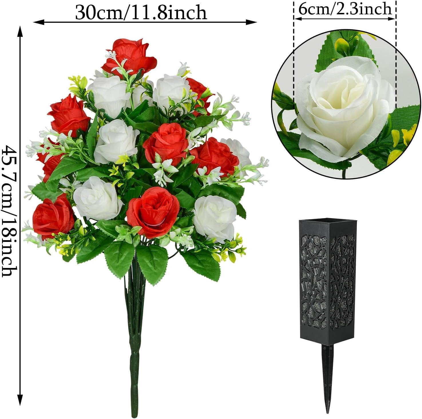 Artificial Cemetery Flowers, Grave Memorial Flowers with Vase, Artificial Rose Bouquet Decoration for Cemetery Headstones Gravesites, Set of 2 (Yellow), White