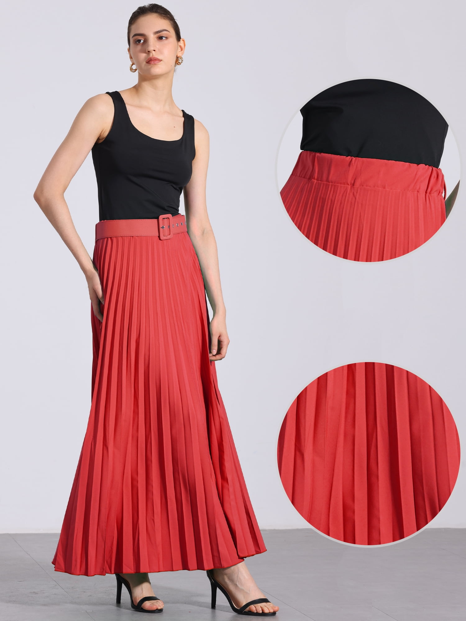 DARING DIVA Women's Elegnat Elastic High Waist Flowy A-Line Maxi Skirt XL Red
