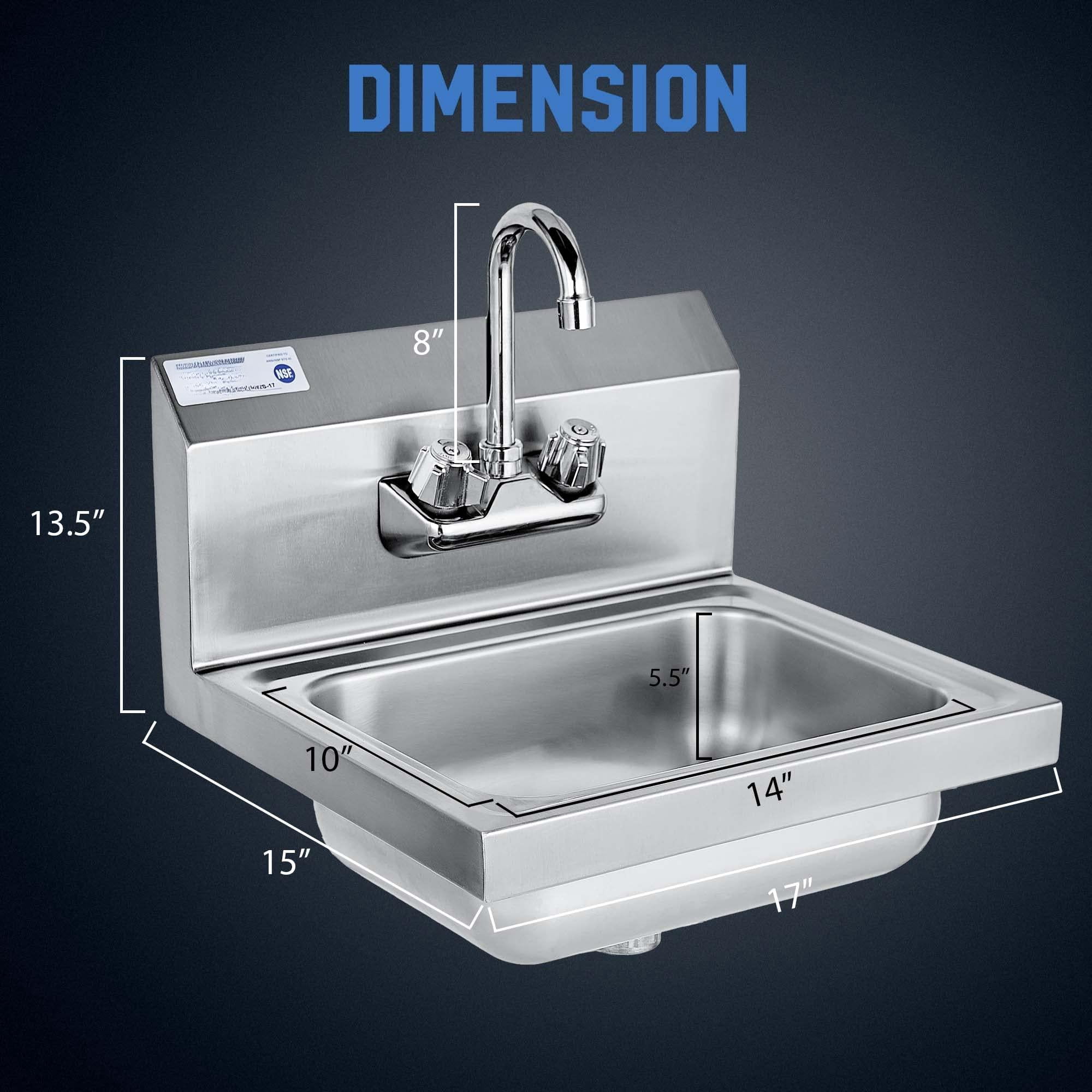Commercial Hand Sink  Wall Mount Utility 304 Stainless Steel Wash Basin With Gooseneck Faucet Drain Basket And Backsplash For Restaurant Bar Home 17 X 15 Inch