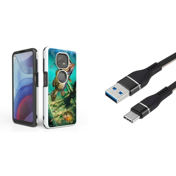 Bemz Accessory Bundle for Moto G Power (2021) Case with: Dual Shield Slim Rugged Hybrid Protective Cover, Fast Charging Sync USB-C to USB-A Cable (3 Feet) and Touch Tool - Bass Fishing