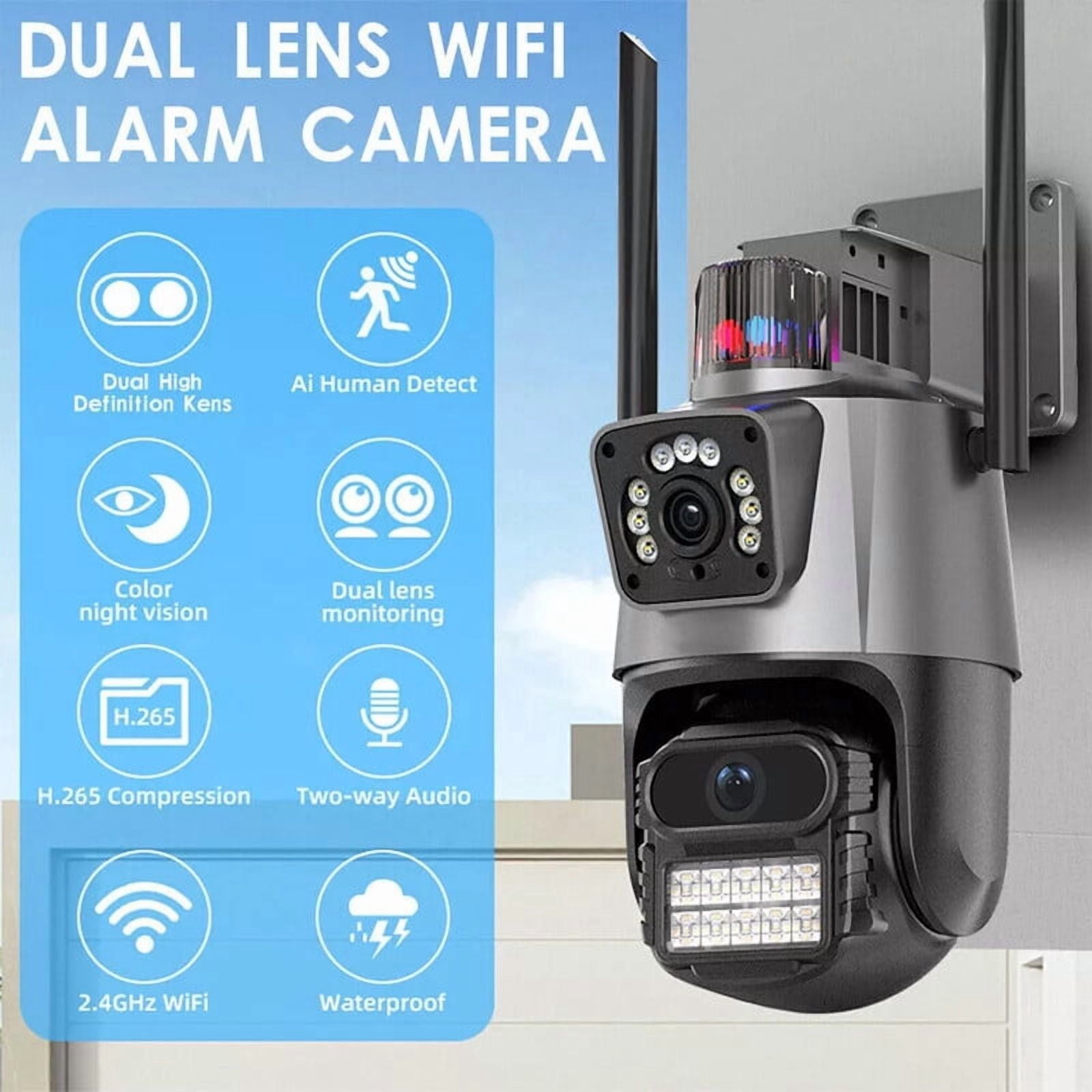 Outdoor Security Camera 4K 8MP HD Dual-Lens Wifi PTZ Surveillance Camera,Auto Tracking,Surveillance Police Light Alarm,Color Night Vision
