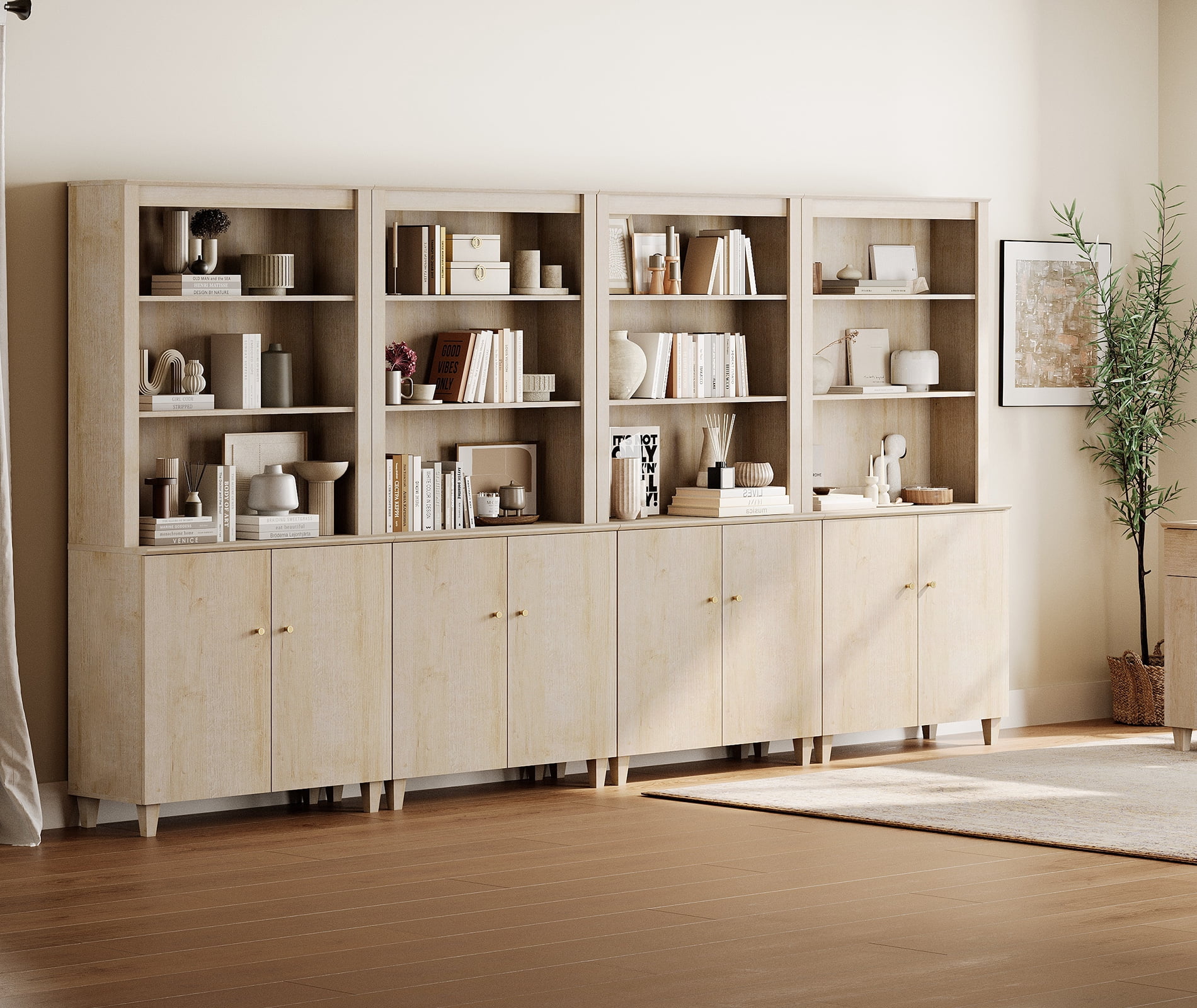 Modern 71" Tall Bookcase with Cabinets, 4 Columns 5-Tier for Home Office,Natural Oak