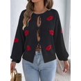 thumbnail image 6 of Women Jacquard Pattern Crew Neck Front Self Tie Cutout Lantern Long Sleeve Loose Knit Sweater, 6 of 9