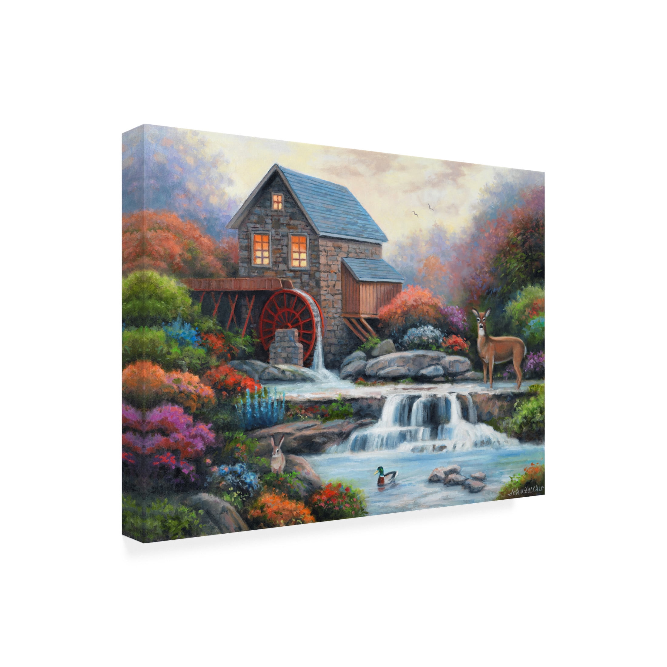 Canvas Wall Art - John Zaccheo 'A Visit to the Waterwheel' Wall Art for Living Room, Bedroom, or Office Décor by Trademark Fine Art - 47 x 35 Inches