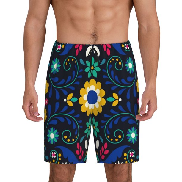 Fotbe Colorful Mexican Flower Pantalones Cortos de Pijama para Hombre, Ropa de Dormir, Pantalones de Pijama Cortos para Hombre-Medium