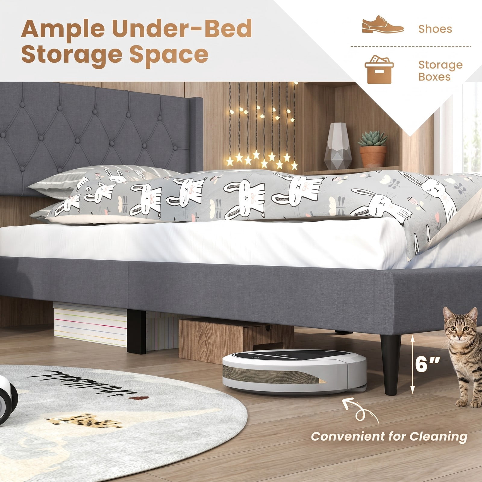 Furnibear Twin Bed Frame Upholstered Platform Bed with Button Tufted Wingback Headboard and Wood Legs, Gray
