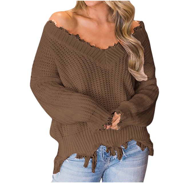 Dagegui Womens Off the Shoulder Sweater Solid V Neck Long Sleeve Loose Knitted Pullover Ripped Crop Top Brown,M