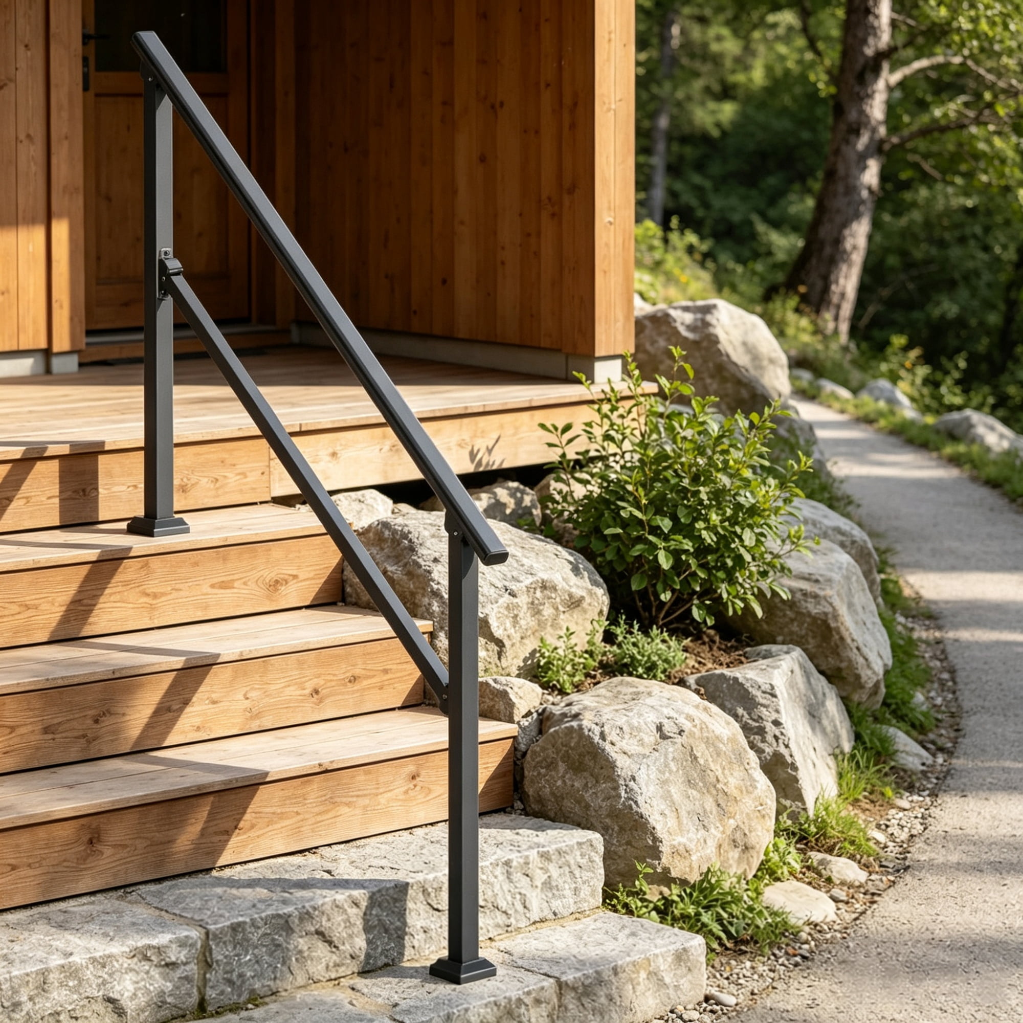 4-5 Step Stair Handrail Kit for Outdoor Steps, Black Square Tube Design