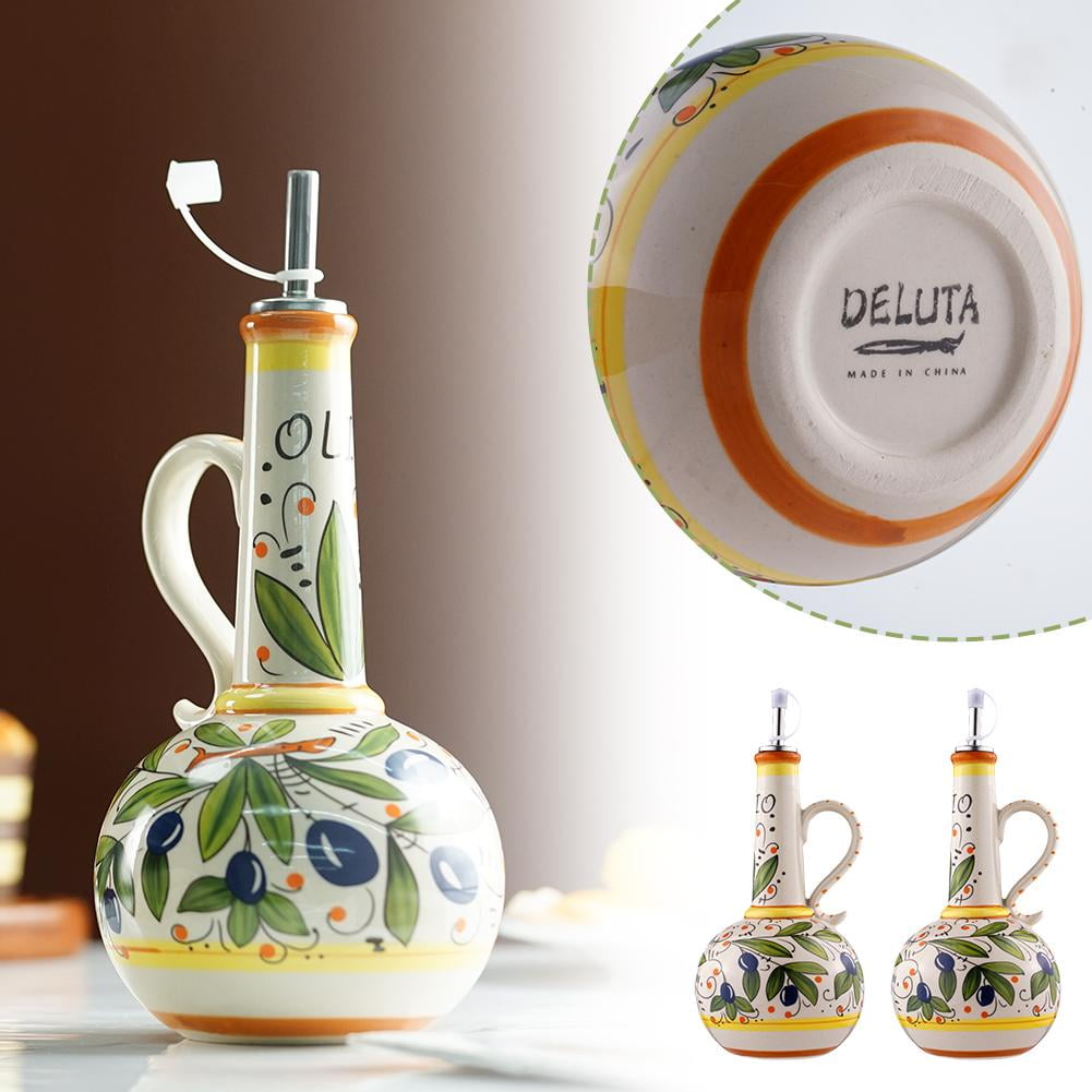 1-Pack Ceramic Olive Oil Dispenser Bottle, 23oz/680ml Hand Painted Italian Ceramic Bottle, Decorative Stoneware Dispenser with Spout for Oil, Vinegar, Coffee Syrup