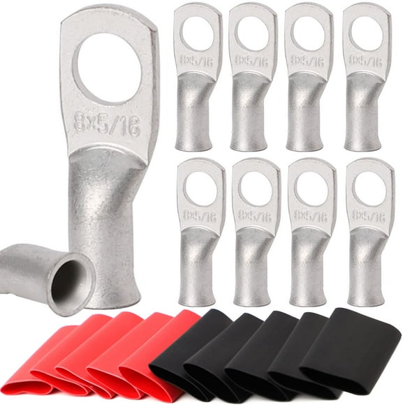 TKDMR 10 Pcs 8 Crampons en Fil de Cuivre de Qualité Marine, avec Tuyauterie Rétractable à la Chaleur 3:1, Embouts de Câble de Batterie UL, Crampons de Câble Robustes, Illets en Cuivre Teintés, Bornes Tubulaires