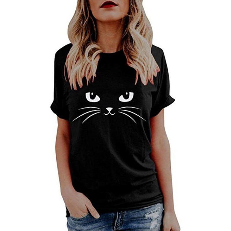 Vista - Womens Summer Cute Cat Print Tops Short Sleeve T-Shirts Blouse ...