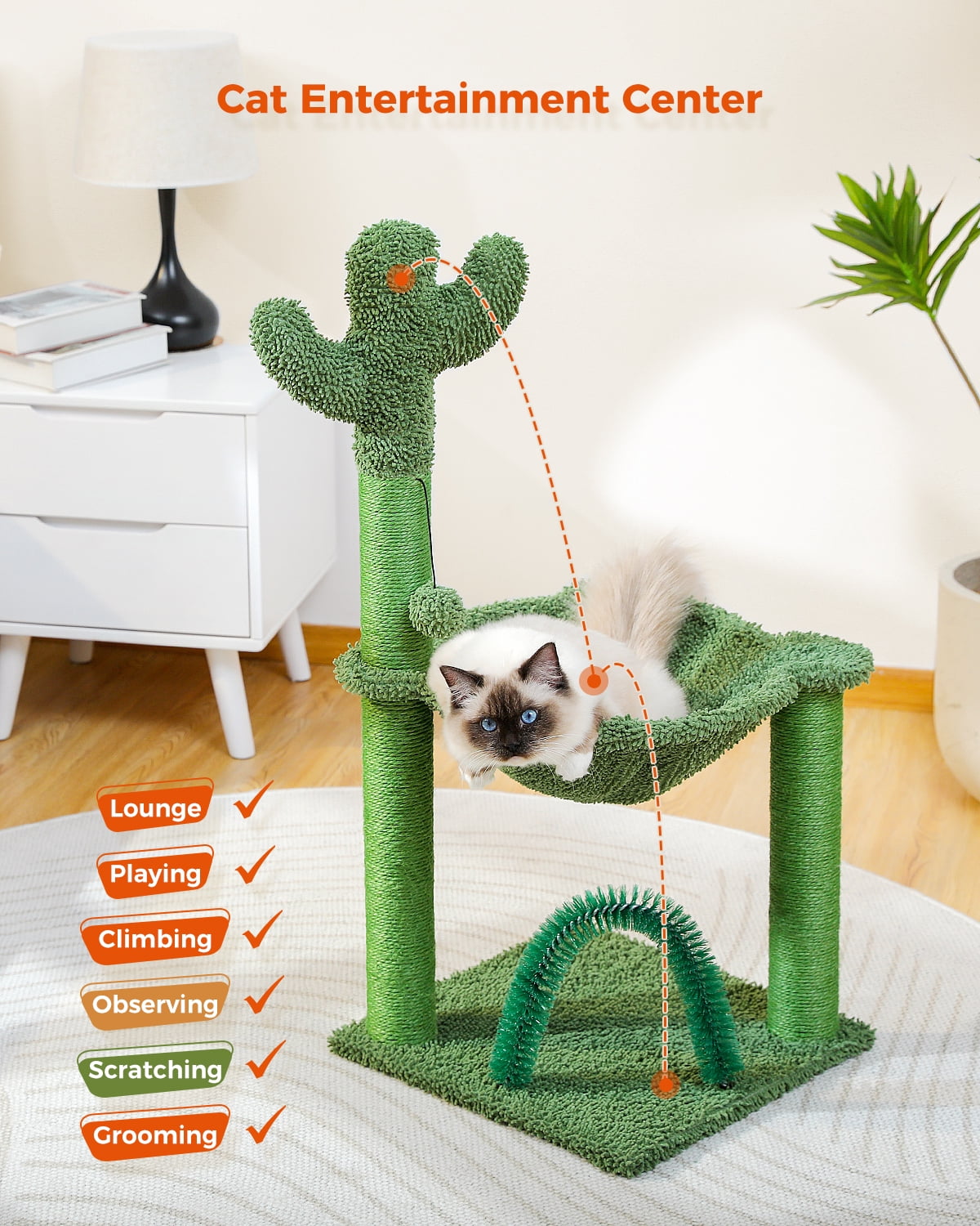PAWZ Road 35" Cactus Cat Scratching Post with Pet Self Groomer and Hammock for All Indoor Cats Green