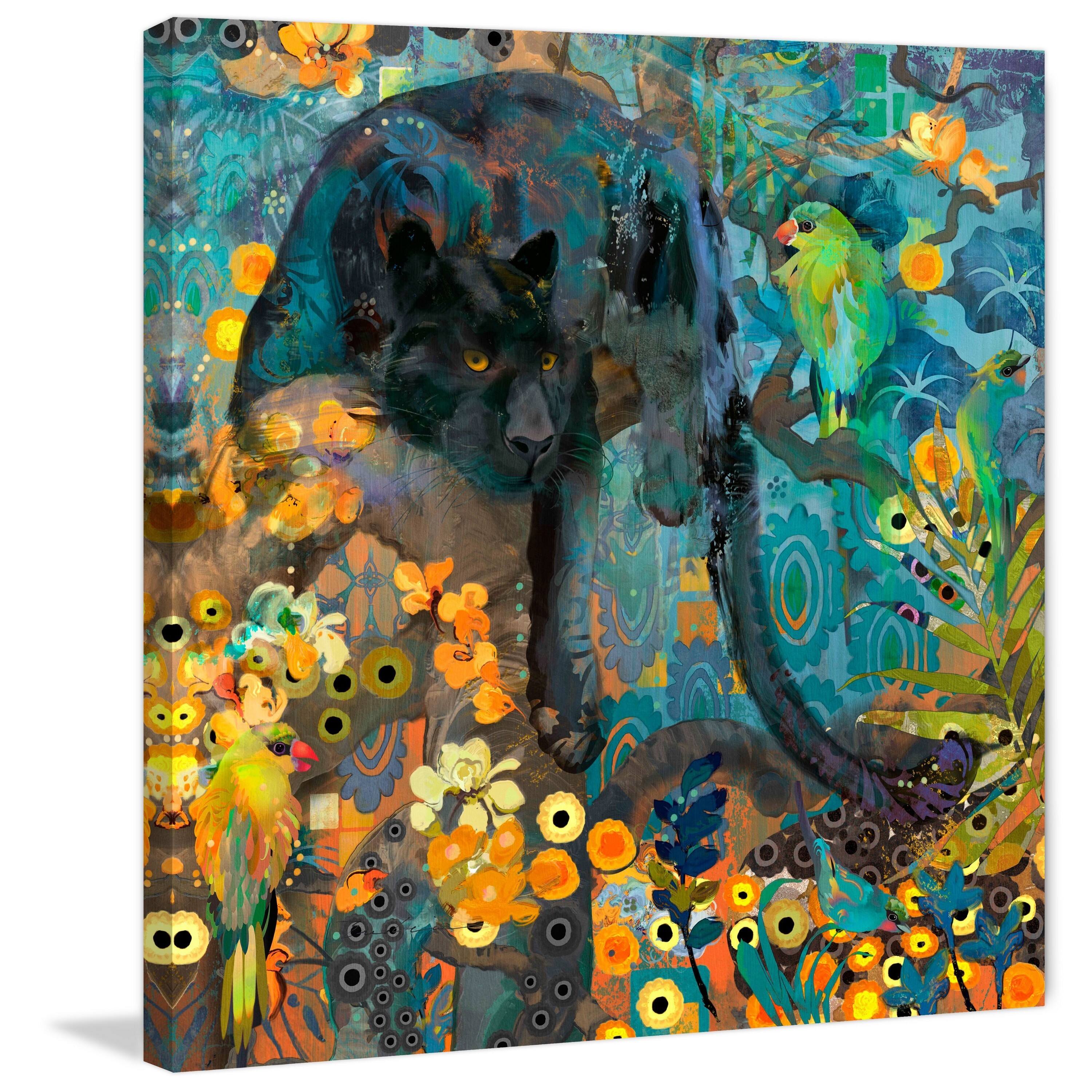 "Jaguar and Green Parrots" Painting Print on Wrapped Canvas