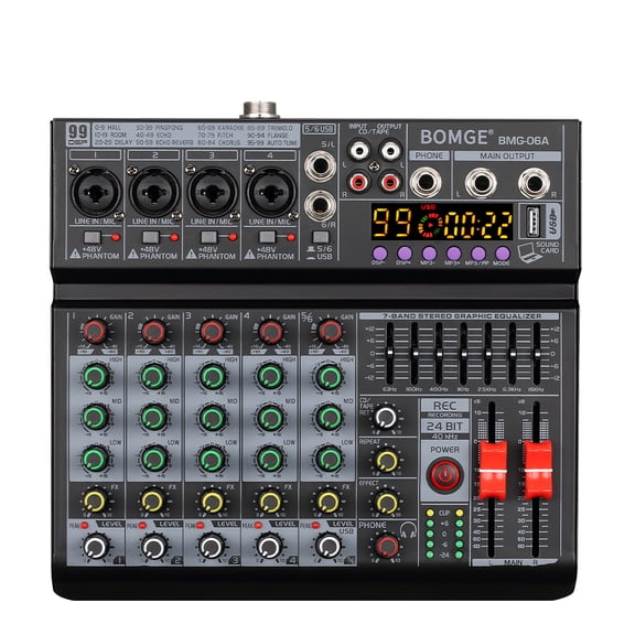 BOMGE 06A 6-Channel DJ Audio Mixer, 99 DSP Effects, Independent 48V Phantom Power, 7-Band EQ, Bluetooth & USB Recording Interface, for Studio, Stage, Party & Home Recording