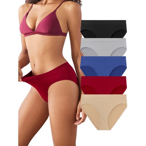 Buankoxy Seamless Underwear for Women Soft No Show Panties High Cut Invisible Hipster Silky Cheeky Ladies Bikini 5 Pack, Size 5