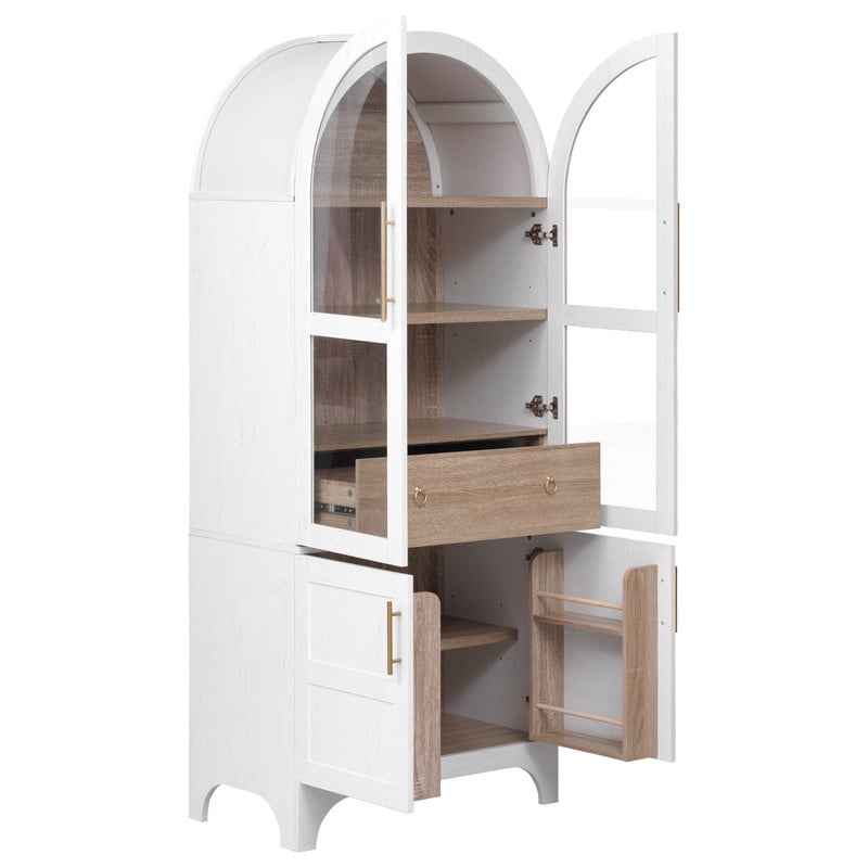 Arched Kitchen Pantry Cabinet with Door Shelves, 71" Tall Kitchen Storage Cabinet with Open & Adjustable Shelves, Freestanding Kitchen Cupboard with Hidden Drawer & Glass Door