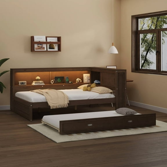 [Luckynote]Full Size Wood Daybed with Storage Shelves, USB, LED, and Trundle, Antique Wood Color