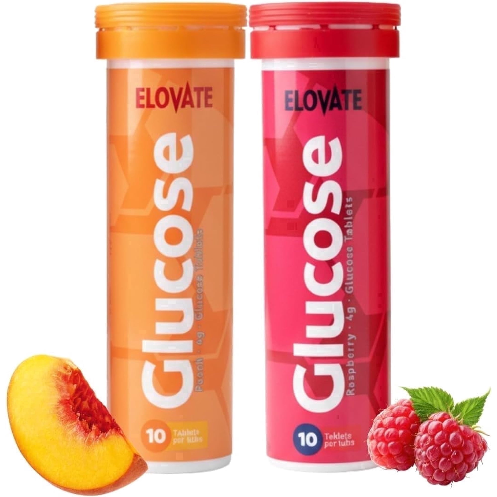 ELOVATE Fast-Acting Glucose Tablets, Peach & Raspberry – 4g Each, 2 Tubes (20 Count), Gluten-Free, Fat-Free, FSA/HSA Eligible