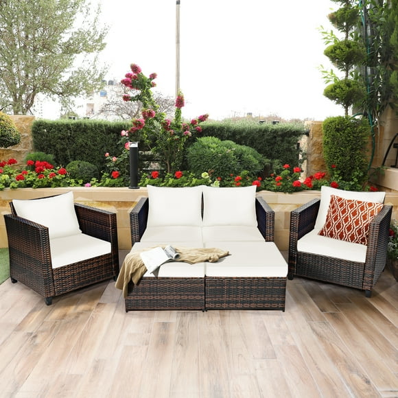 Topbuy 5 Pieces Patio Furniture Set Sectional Wicker Sofa Conversation Set with Removable Cushions White