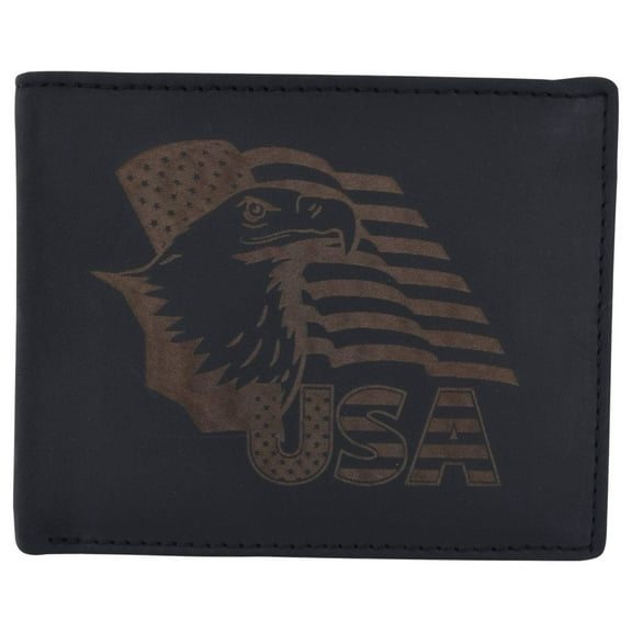 Men's Cowhide Leather USA Flag Eagle Logo RFID Bifold Wallet