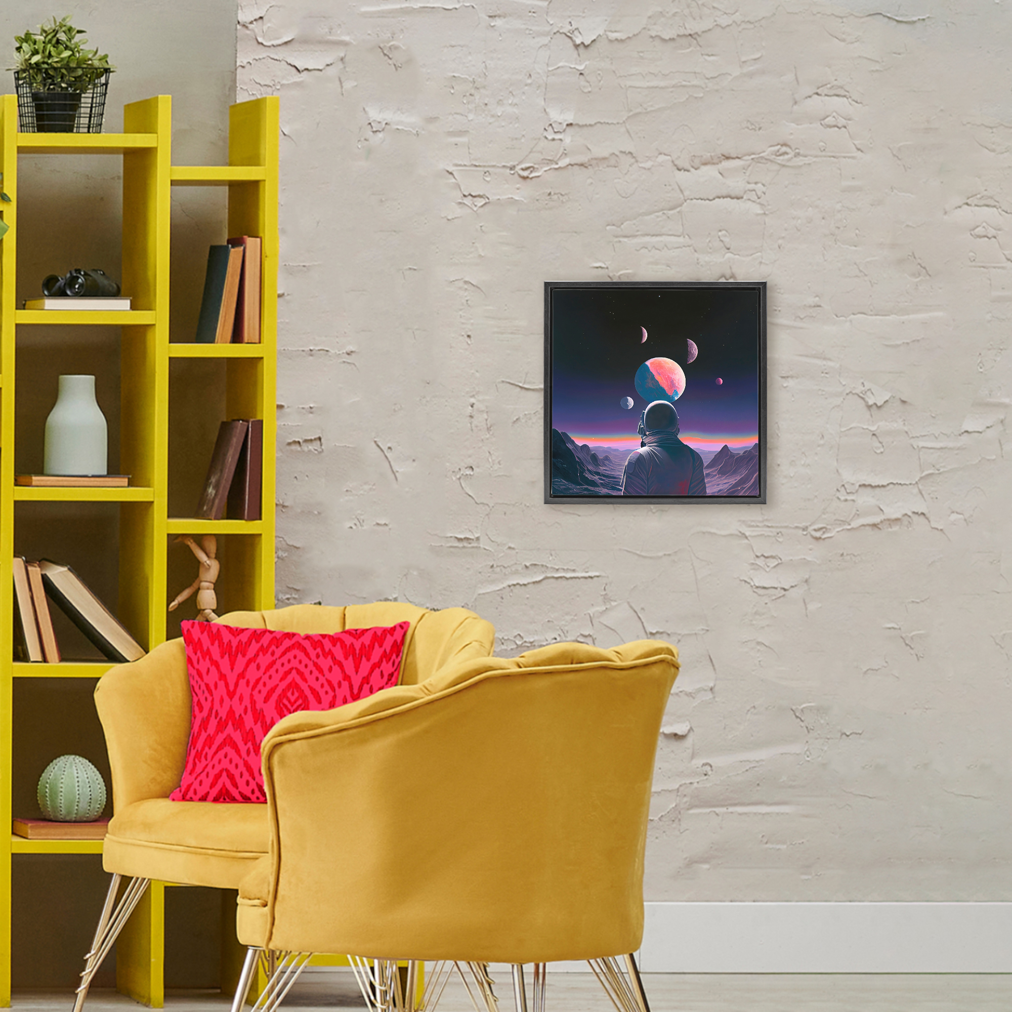 Astronaut & Purple Toned Terrain Black Framed Floater Canvas Wall Art, design by Sasha