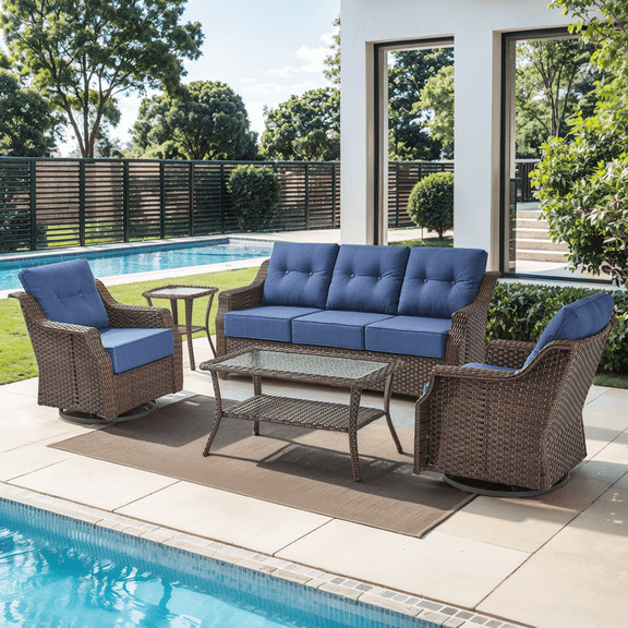 PARKWELL 5 Pieces Outdoor Patio Furniture Set,Luxury 6" Thick Conversation Set with Swivel Glider Chairs,All-Weather Seating Furniture Set for Backyard Deck, Brown/Navy