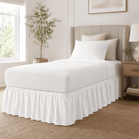 Wrap Around Dust Ruffle Bed Skirt - For Twin Size Bed With 15 Inch Drop,Easy Fit Elastic Strap - Pleated Bedskirt,White