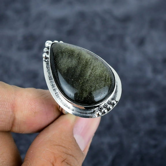 Silversheen Obsidian Gemstone Handmade 925 Sterling Silver Ring Size 8.5