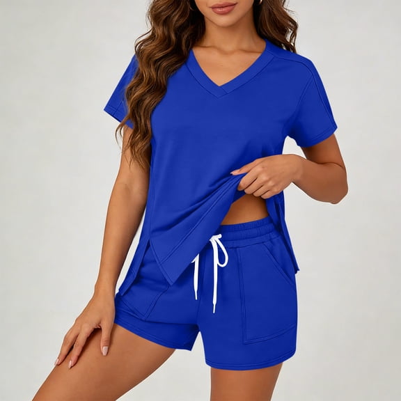 Womens Spring Outfits Women's Casual Short Sleeve Set V Neck Side Split T-Shirt Tops with Elastic Waist Shorts, Soft Breathable Daily Wear Sports Outfits Blue L