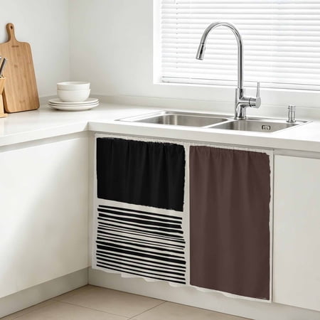 Brown Black Cabinet Curtain Vintage Japanese Style Striped Black Line Art Sink Skirt for Bathroom Under Sink shelf Curtain Privacy Drape for Kitchen Laundry Room 10x11in