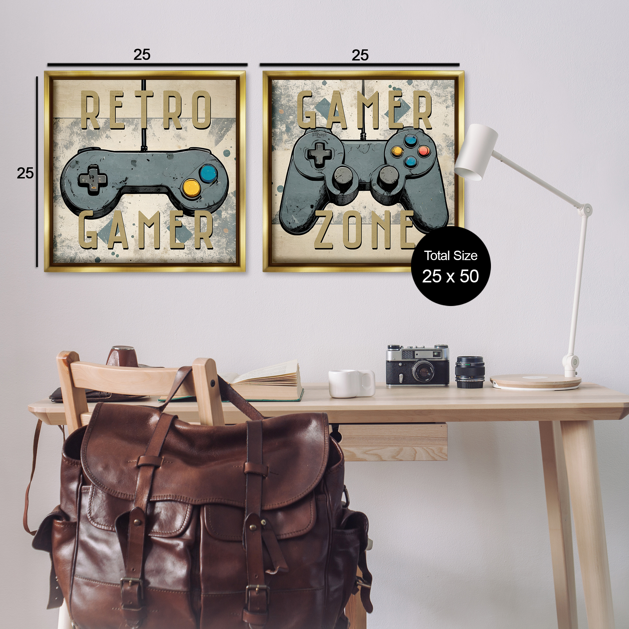 Stupell Industries Retro Gamer Controllers Entertainment Painting Gold Floater Framed Canvas Art Print Wall Art, 25 x 25, Set of 2