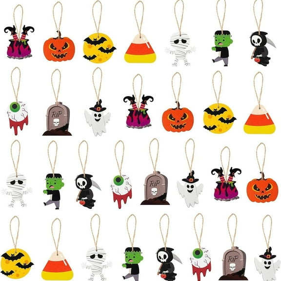 Papapt 30PCS Mini Resin Halloween Ornaments Tiny Halloween Hanging Ornaments for Tree Halloween Miniatures Figurines Charms with String Resin Hanging Pendants for Halloween Party Decorations