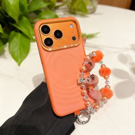for iPhone 17 Phone Case with Fashionable Chain Bracelet, Diamond Design Camera Lens Protection Case, Wrist Hand Strap Protective Bumper Slim Shockproof Cover for Women Girls, Orange