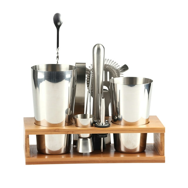 Ensemble de 11 Pcs pour Bar, Ensemble de Shaker à Cocktail avec Support en Bois, Outil de Mélange de Cocktail pour Bar