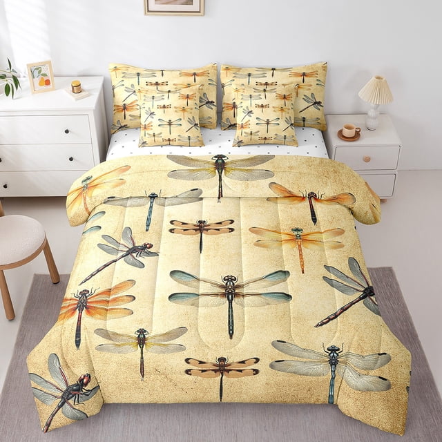Erosebridal Retro Dragonfly Bedding Sets Twin Size, Flying Animal Comforter Sets with Sheets, Rustic Boho Decor, 7pcs