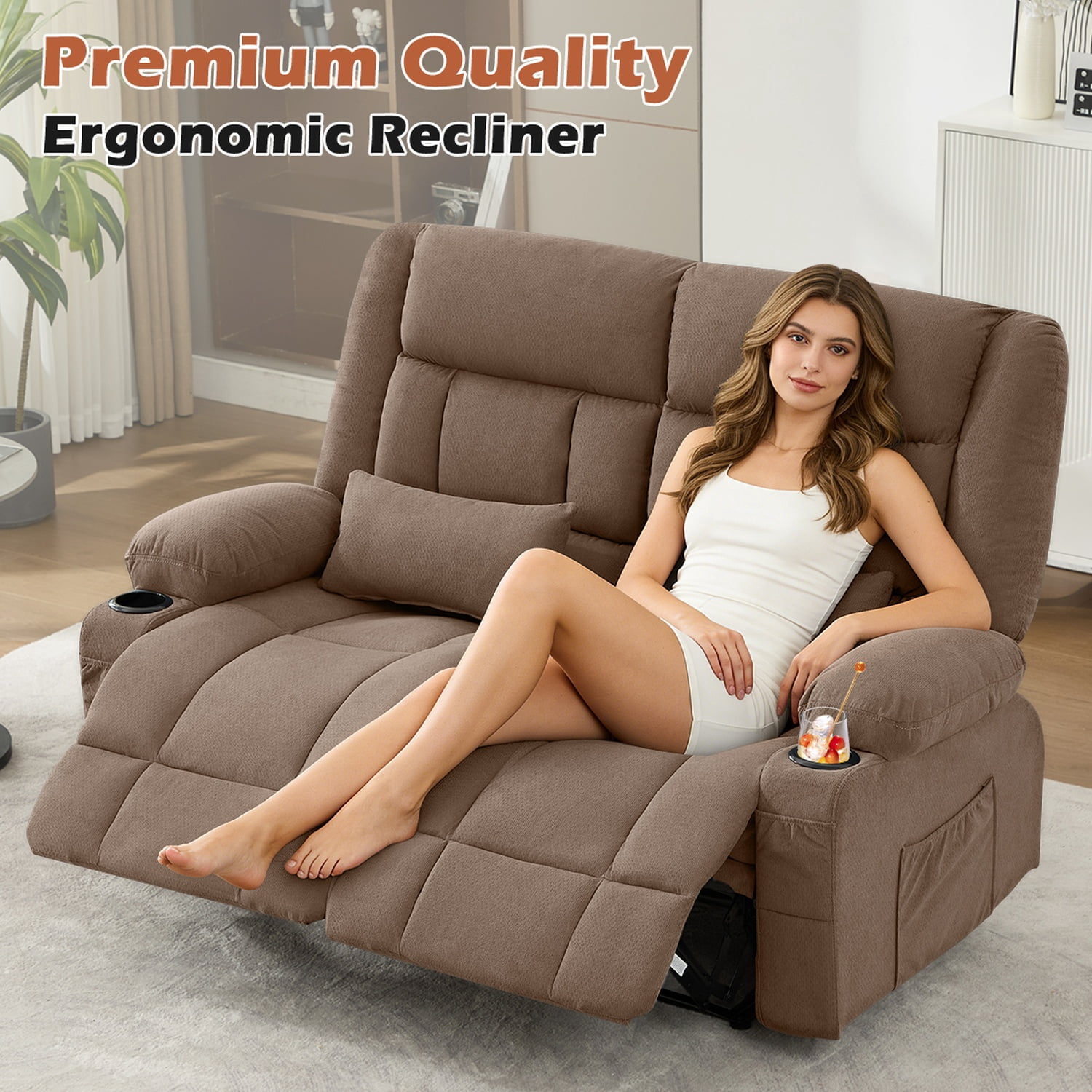 Alvantor Loveseat Recliner Sofa for Adults with Cup Holders, Modern Overstuffed Manual Sofa Chair for Home Theater Brown