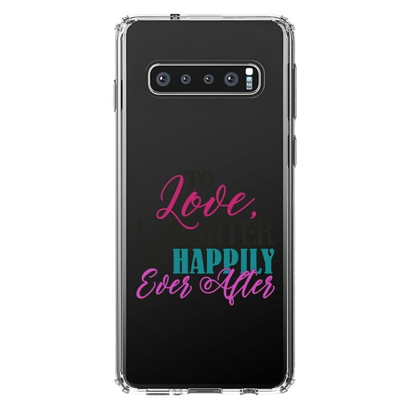 DistinctInk Clear Shockproof Hybrid Case for Samsung Galaxy S10 (6.1" Screen) - TPU Bumper Acrylic Back Tempered Glass Screen Protector - Love Laughter & Happily Ever After