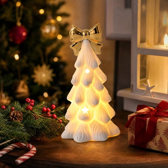 Miwamany Christmas Tree Desktop Ornament, Ceramic Mini Tree with Bow and Warm LED Light, Tabletop Decoration for Holiday Home, Christmas Decorations Indoor