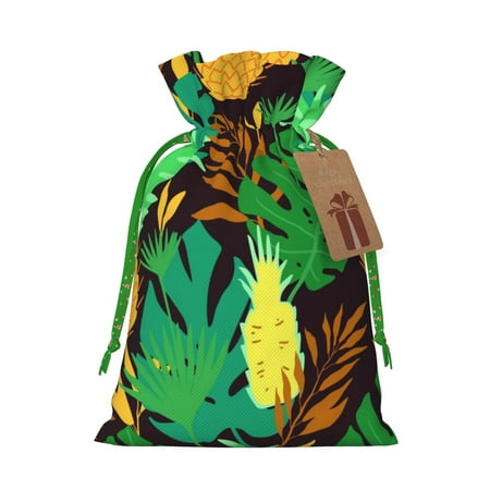 ZICANCN Christmas Gift Bags, Pineapple Jungle Leaf Branch Reusable Fabric Drawstring Storage Bags with Drawstring, Small Size