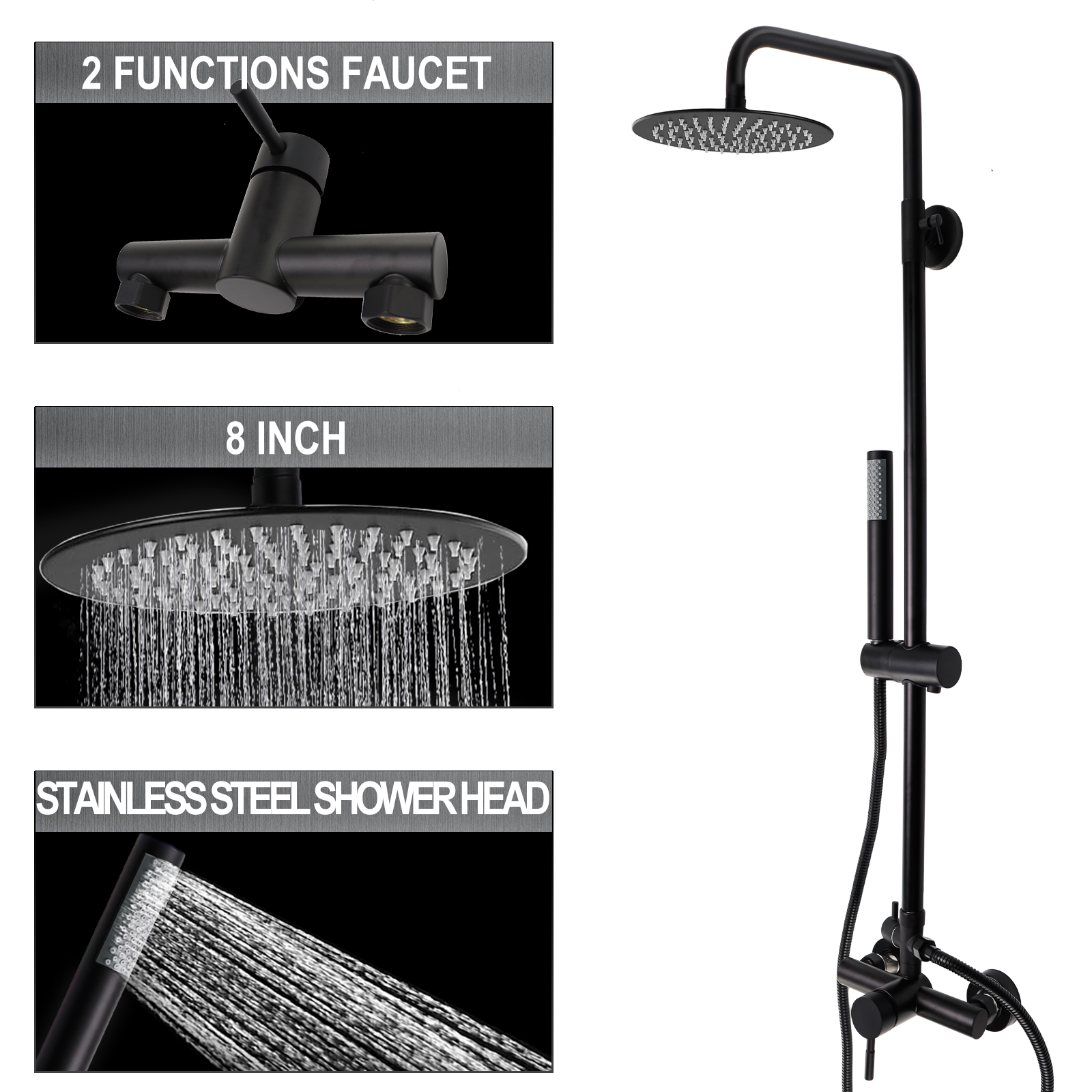 iMeshbean Black Shower Faucet Set 8" Rainfall Shower Head Combo System w/ Mixer Valve Kit