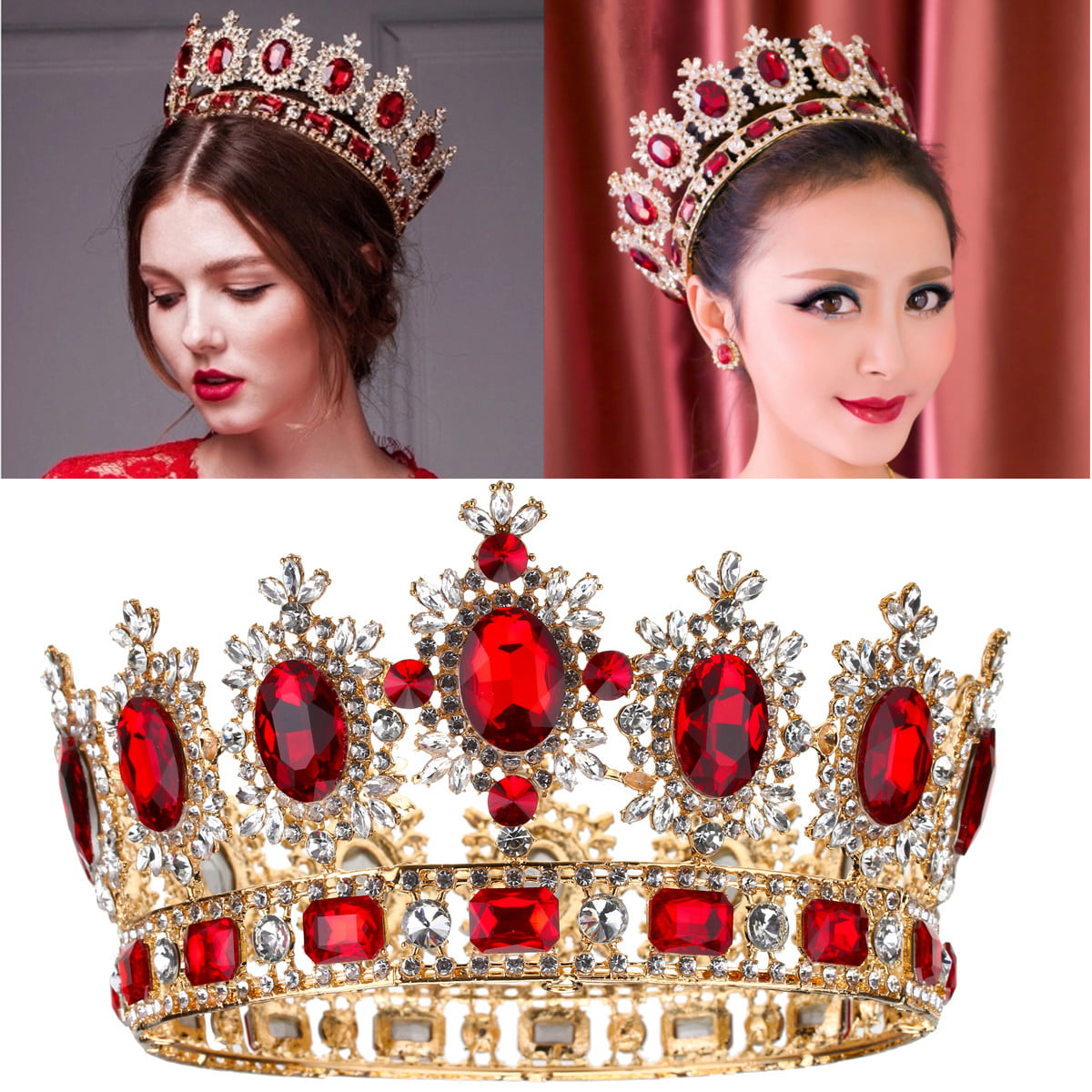 6.7“ Wide Large Ruby Red Crystal Gold King Crown Wedding Prom Party Pageant 