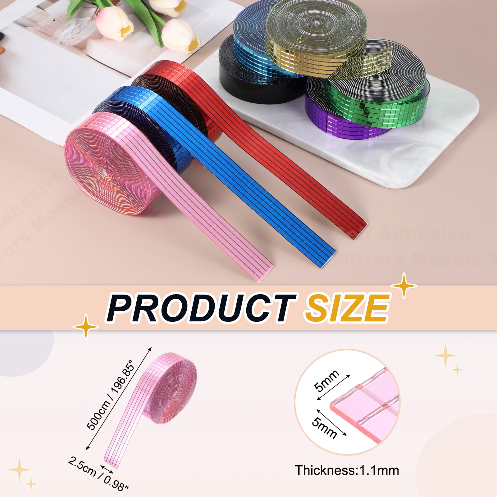 Uxcell 5x5mm Self Adhesive Mirrors Mosaic Tiles, 5000 Pcs Square Mini Glass Mosaic Disco Tile Sticker for DIY Craft Disco Ball Party Decoration, Pink